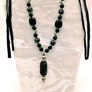 SKULL & HORN(COW)*LAVA ROCK BEADS*TRIBAL NECKLACE/CHOKER*UNISEX/GOTHIC